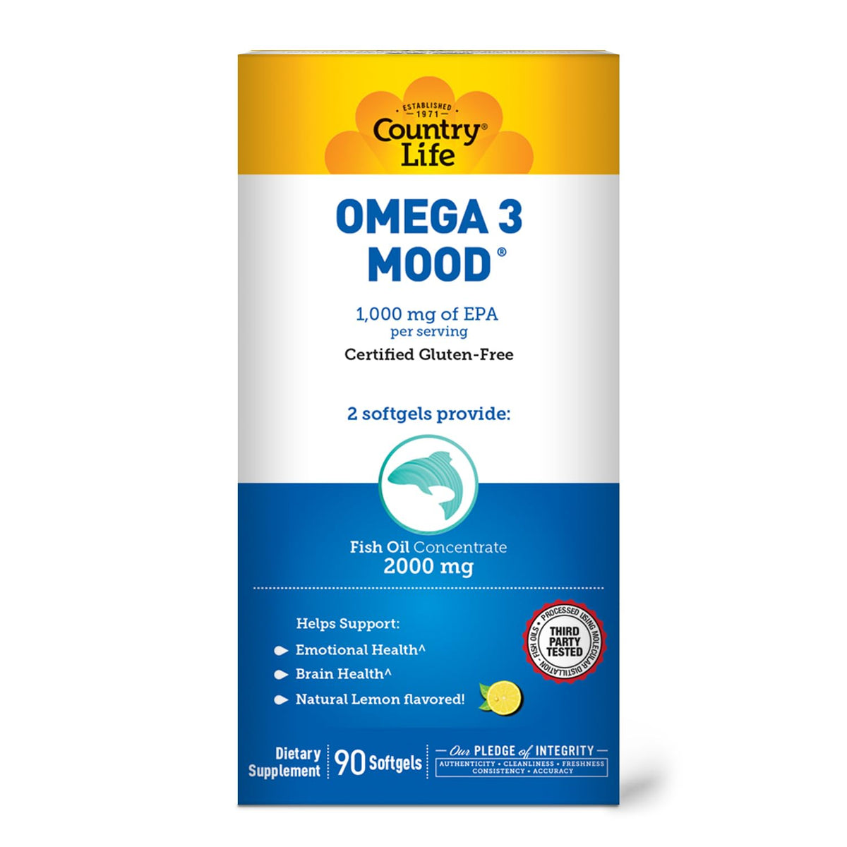 Country Life Huile de Poisson Omega 3 Mood 2000mg flacon avec étiquette