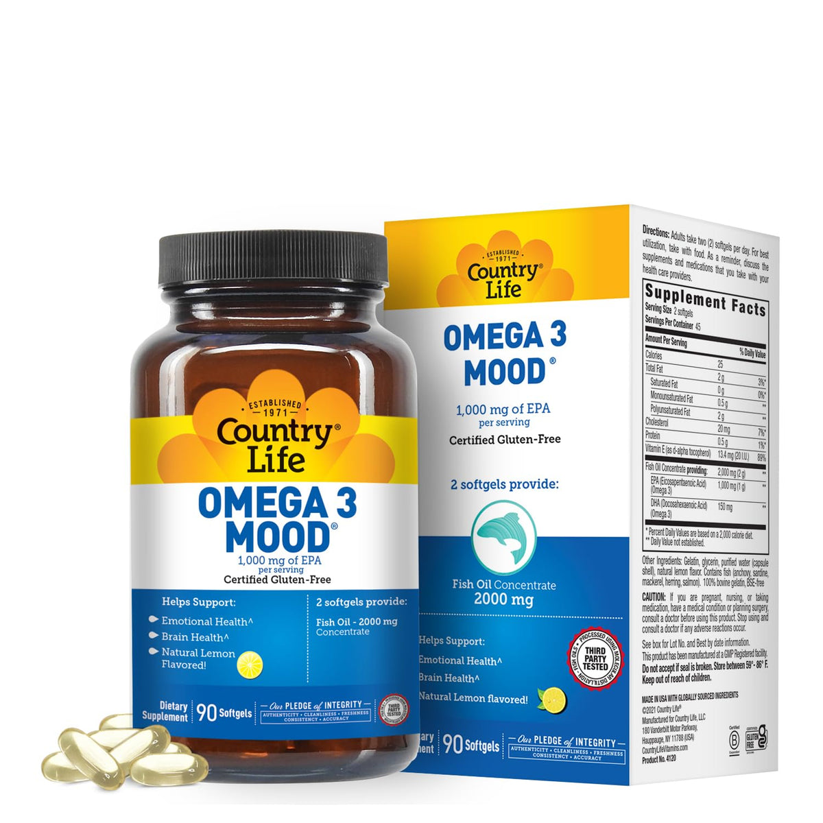 Country Life Huile de Poisson Omega 3 Mood 2000mg gélule citron