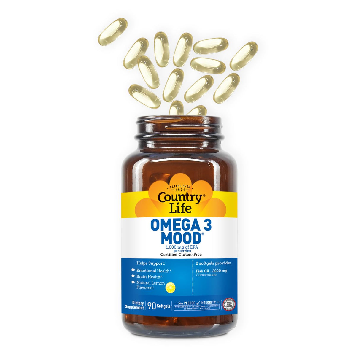 Country Life Huile de Poisson Omega 3 Mood 2000mg gélules sur fond blanc