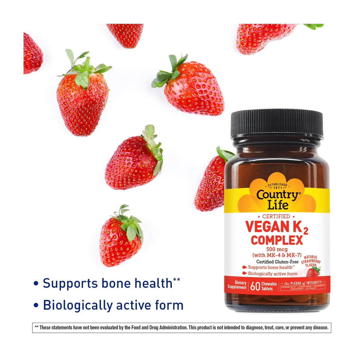 Country Life K2 Complex Vegan 500 mcg comprimés à croquer sur une table