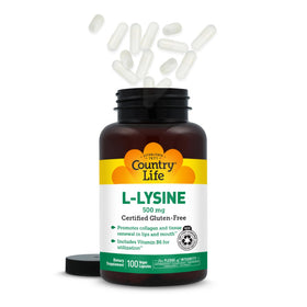 Country Life L-Lysine 500mg 250 capsules vegan avec un verre d'eau