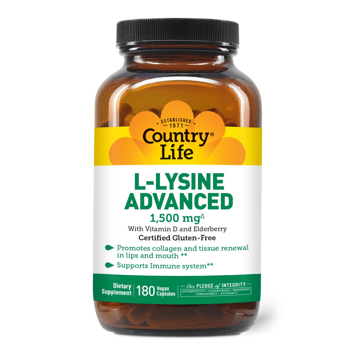Country Life L-Lysine Advanced 1500 mg 180 capsules front view