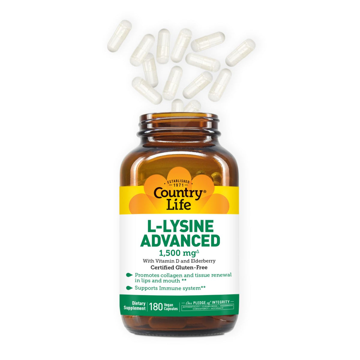 Country Life L-Lysine Advanced 1500 mg 180 capsules side view