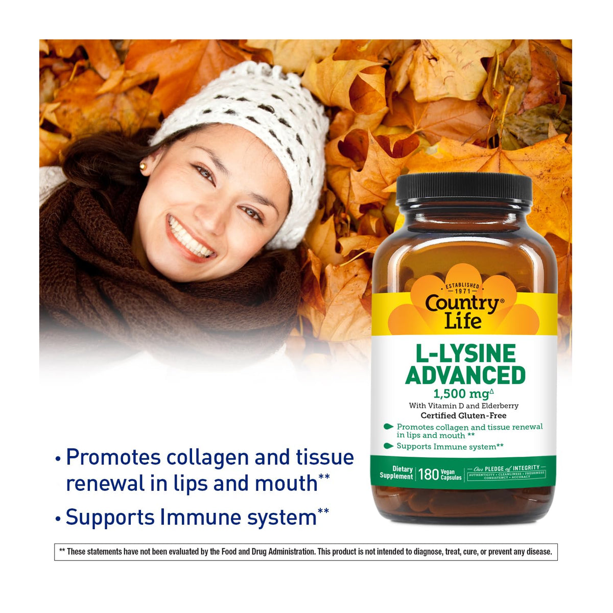 Country Life L-Lysine Advanced 1500 mg 180 capsules with vitamin D and elderberry