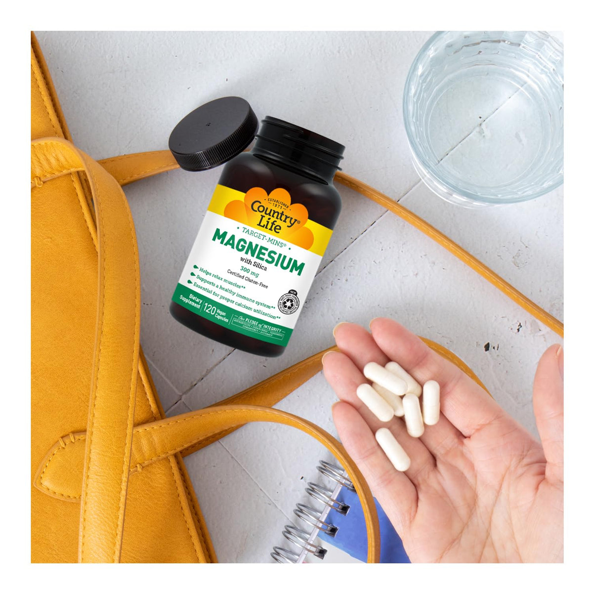 Country Life Magnésium avec Silice 300 mg 120 Capsules sur un fond naturel