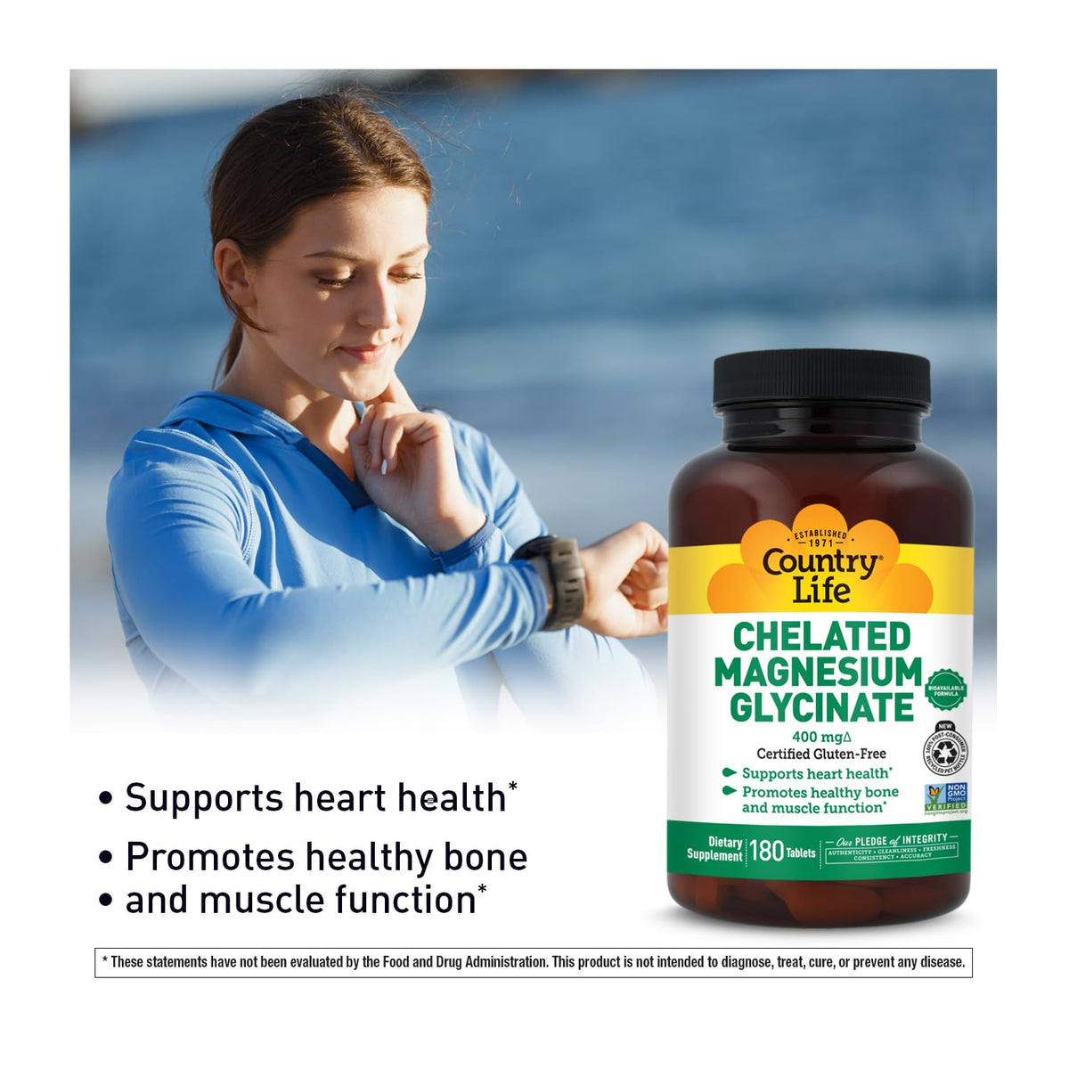 Country Life Magnésium Chélaté Glycinate 400 mg - flacon avec capsules sur fond blanc