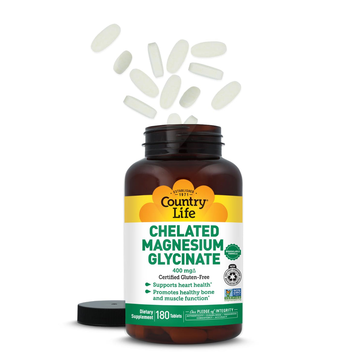 Country Life Magnésium Chélaté Glycinate 400 mg - flacon sur une table en bois