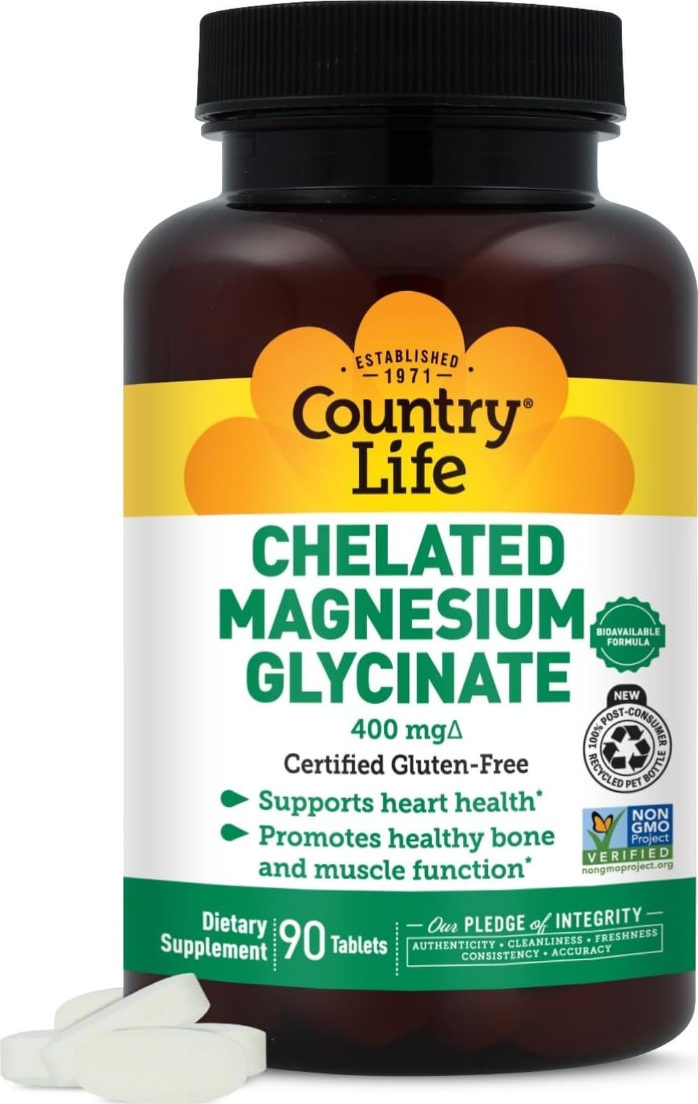 Country Life Magnésium Glycinate Chélaté 400mg 90 Comprimés vue de face