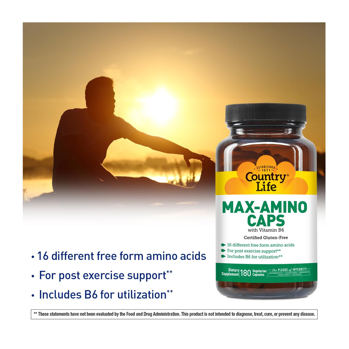 Country Life Maxi-Amino Caps 180 capsules sur fond blanc