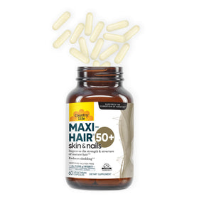 Country Life Maxi-Hair 50+ capsules sur un fond neutre