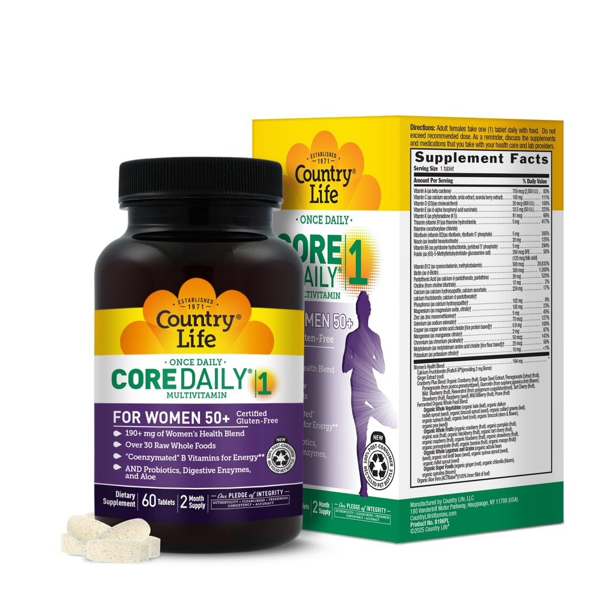 Country Life Multivitamine Femme 50+ 60 comprimés, vue avant du flacon