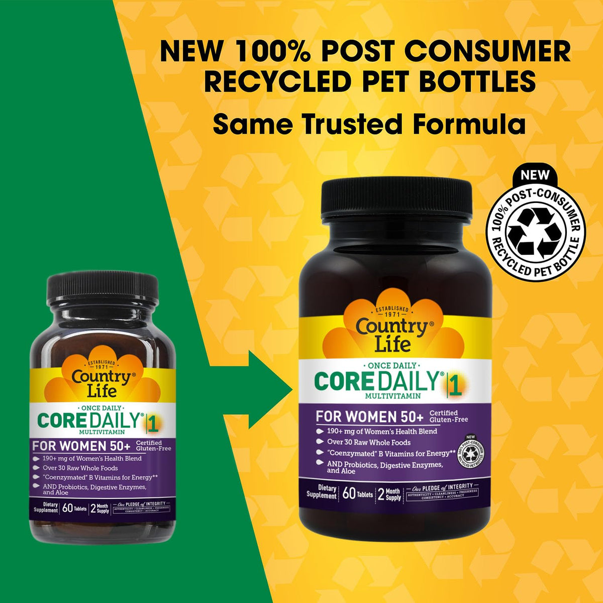 Country Life Multivitamine Femme 50+ comprimés, vue latérale du flacon