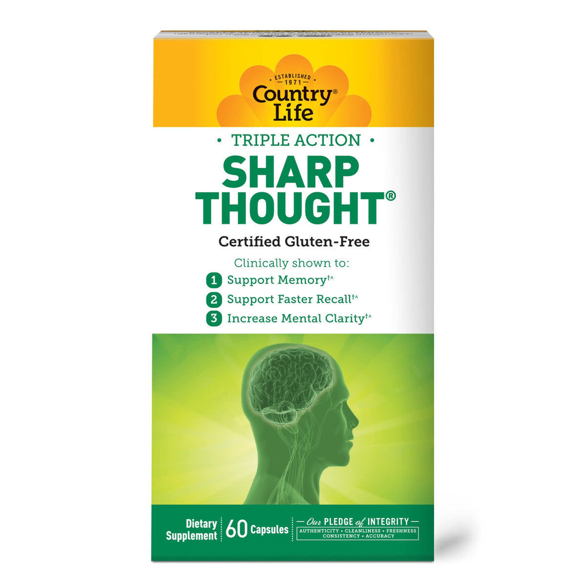 Country Life Sharp Thought capsules with green leaves