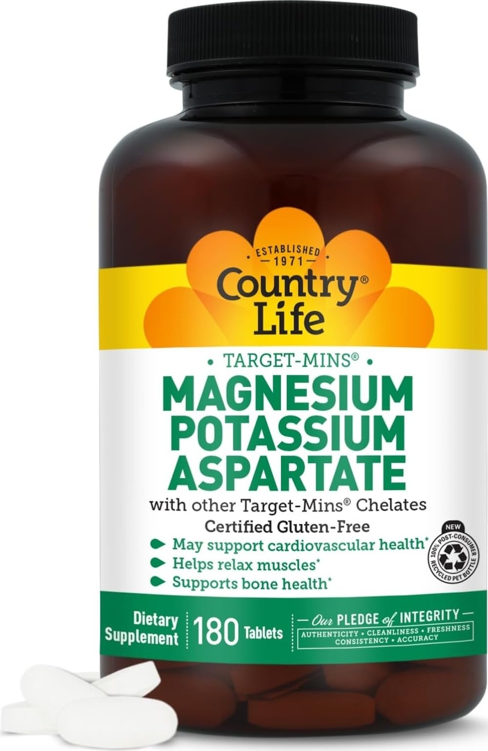Country Life Target-Mins Magnésium 600 mg et Potassium 198 mg, avant du flacon