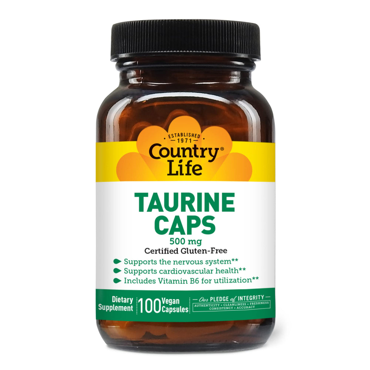 Country Life Taurine 500 mg capsules végétaliennes, vue de face