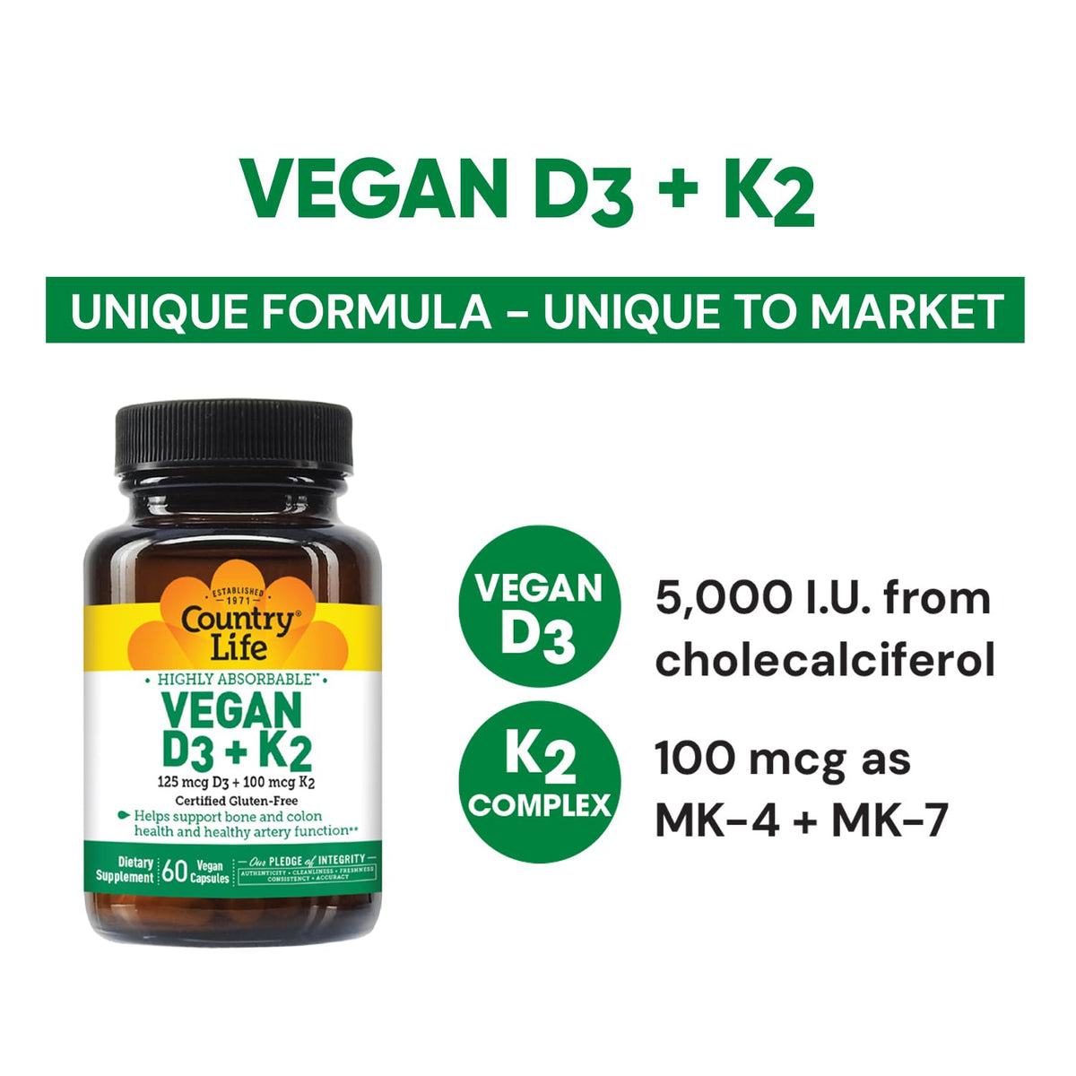 Country Life Vegan D3 + K2 60 capsules arrière