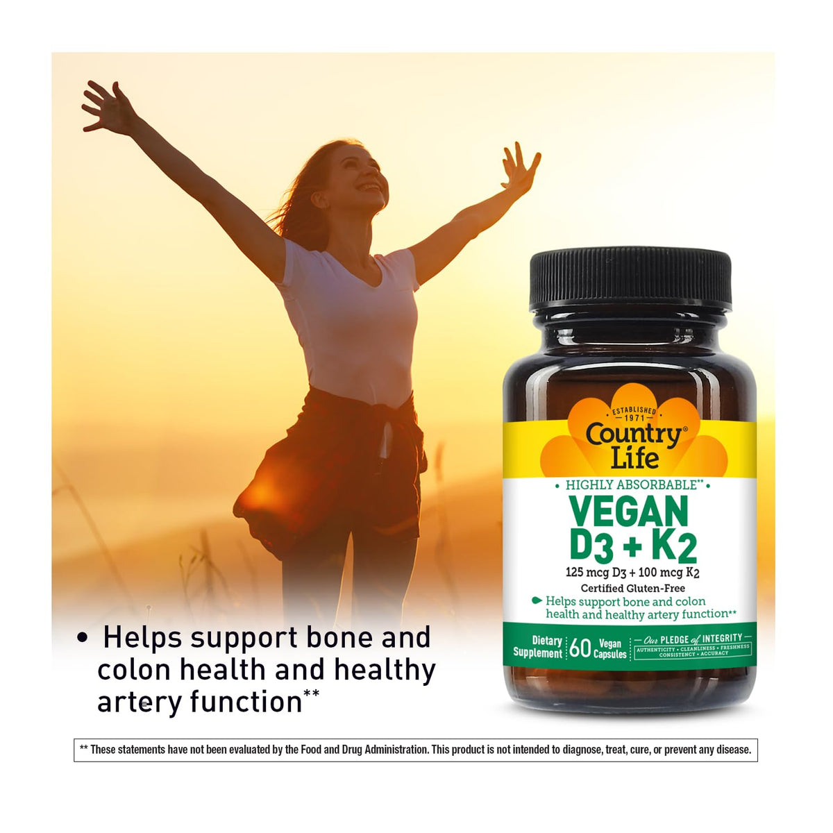 Country Life Vegan D3 + K2 60 capsules côté