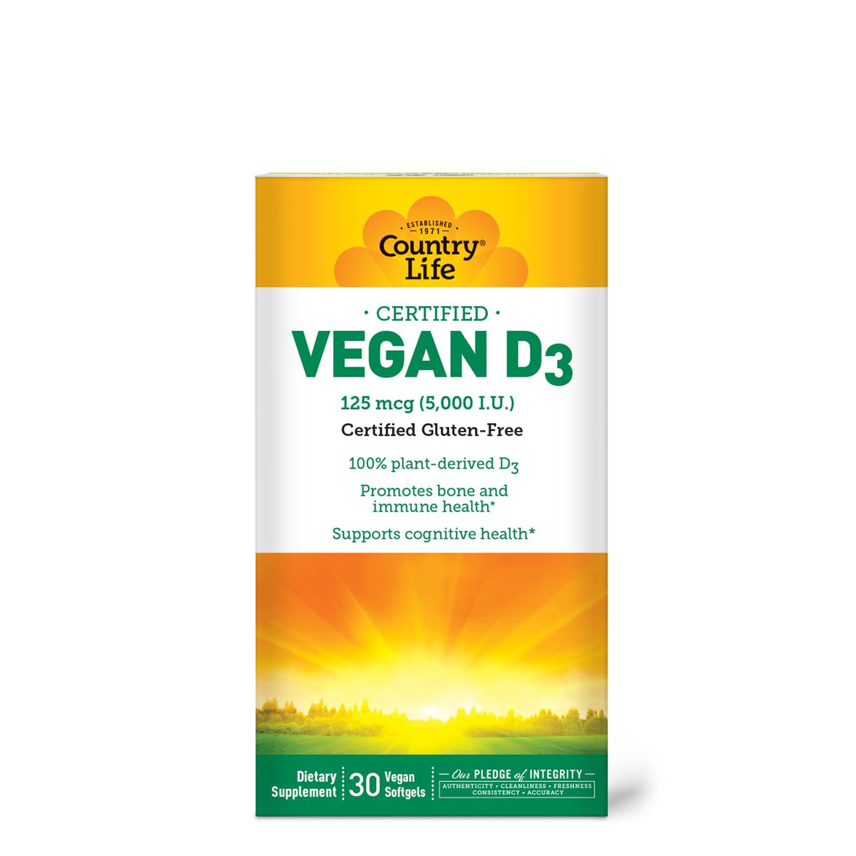Country Life Vitamine D3 5000 IU Vegan 30 capsules vue de face