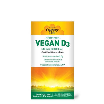 Country Life Vitamine D3 5000 IU Vegan 30 capsules vue de face
