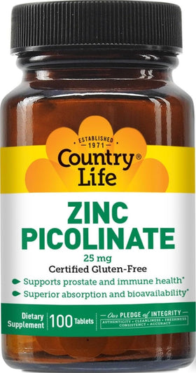 Country Life Zinc Picolinate 25 mg 100 comprimés boîte avant