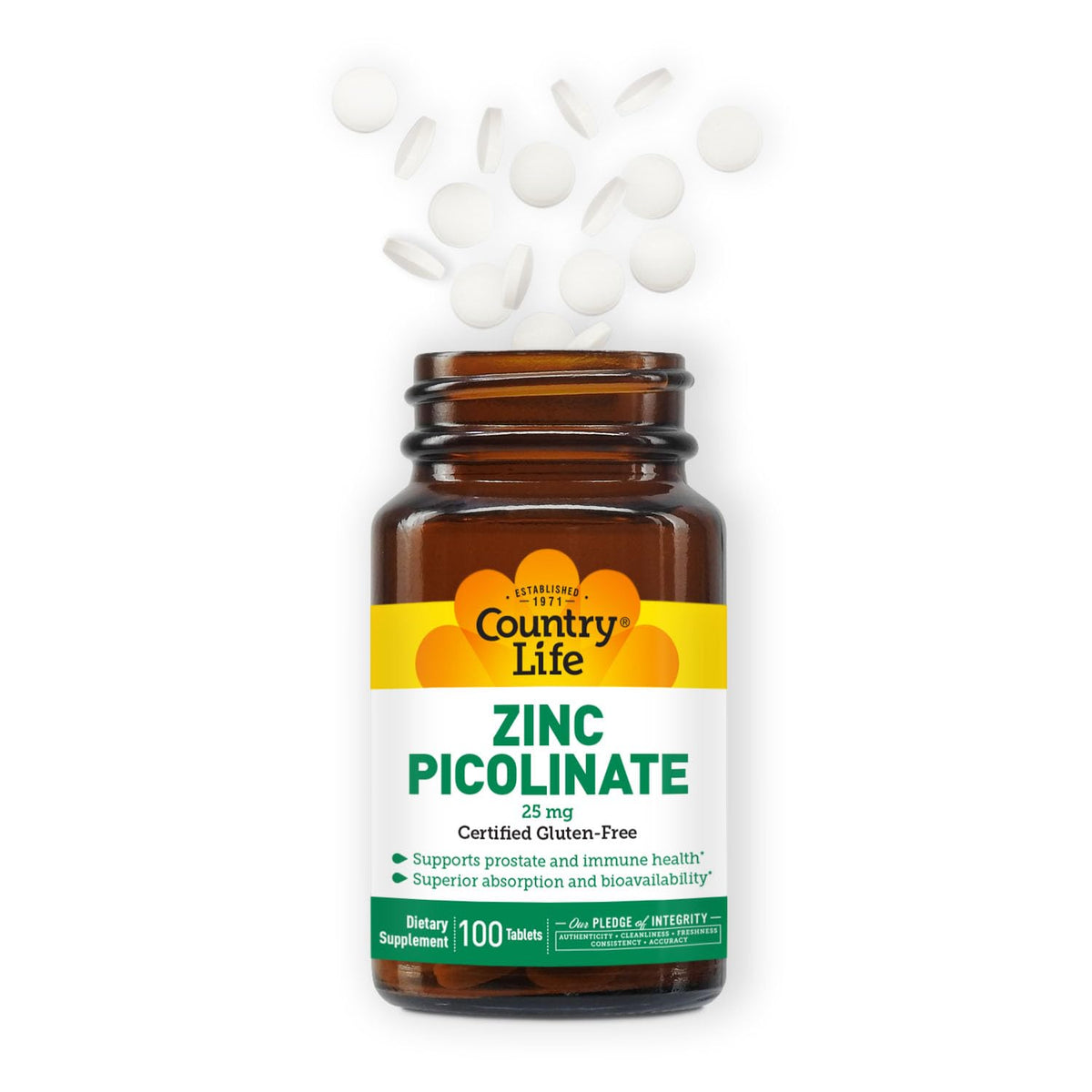 Country Life Zinc Picolinate 25 mg 100 comprimés étiquette détaillée