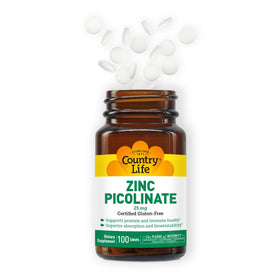 Country Life Zinc Picolinate 25 mg 100 comprimés étiquette détaillée