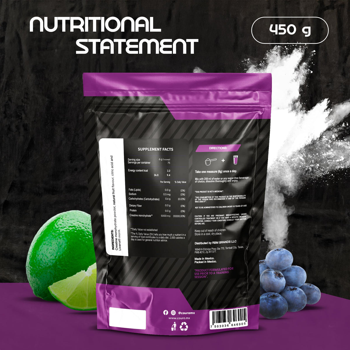 COURA Créatine Monohydrate Citron-Fruits Rouges 450g avec une cuillère doseuse