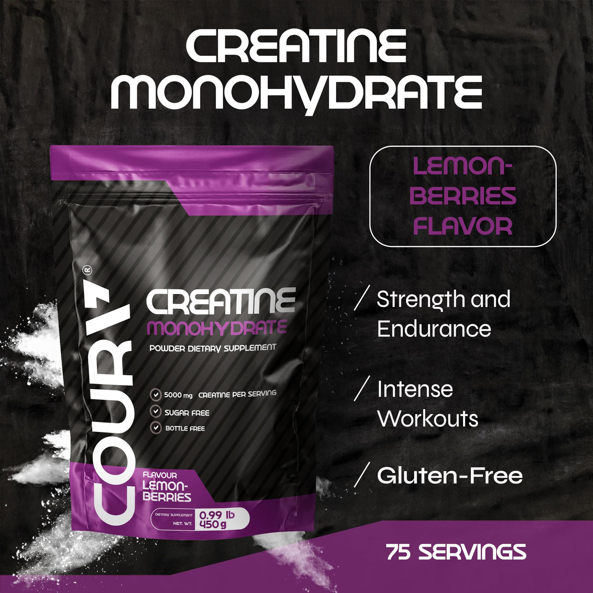 COURA Créatine Monohydrate Citron-Fruits Rouges 450g étiquette