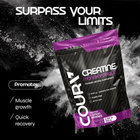 COURA Créatine Monohydrate Citron-Fruits Rouges 450g sur un plan de travail