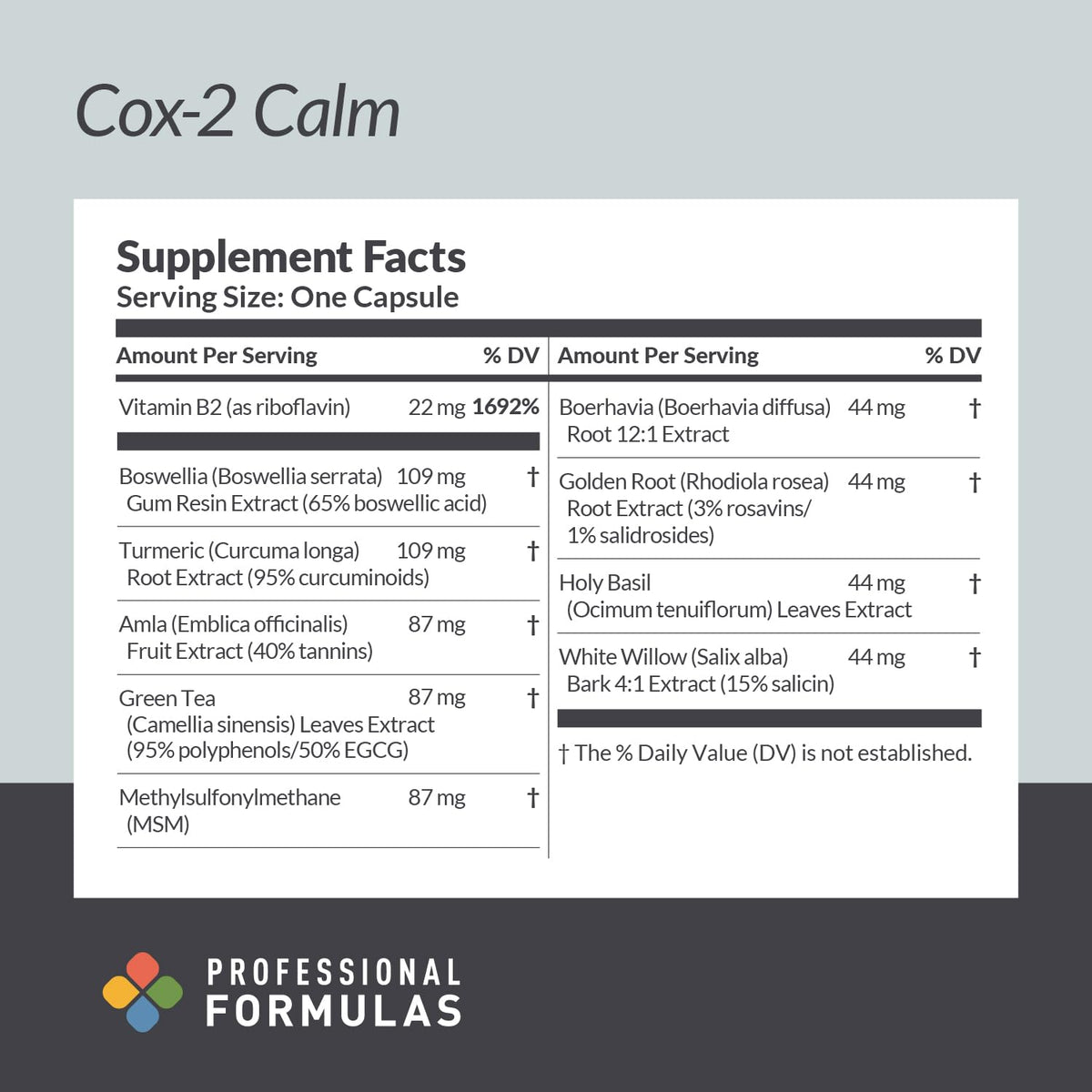 Cox-2 Calm 90 Capsules emballage et informations nutritionnelles