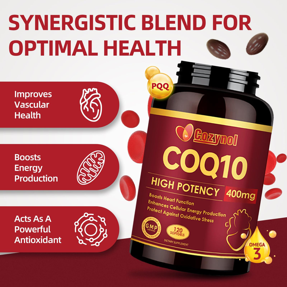 Cozynol CoQ10 Softgels, bouteille ouverte avec gélules visibles