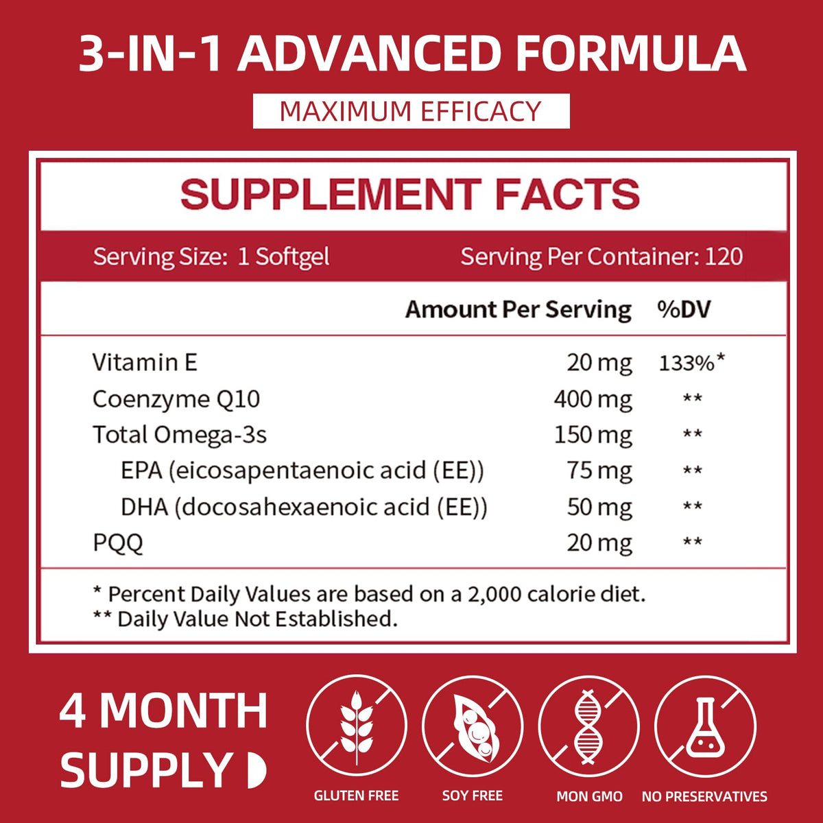 Cozynol CoQ10 Softgels, vue arrière avec informations nutritionnelles