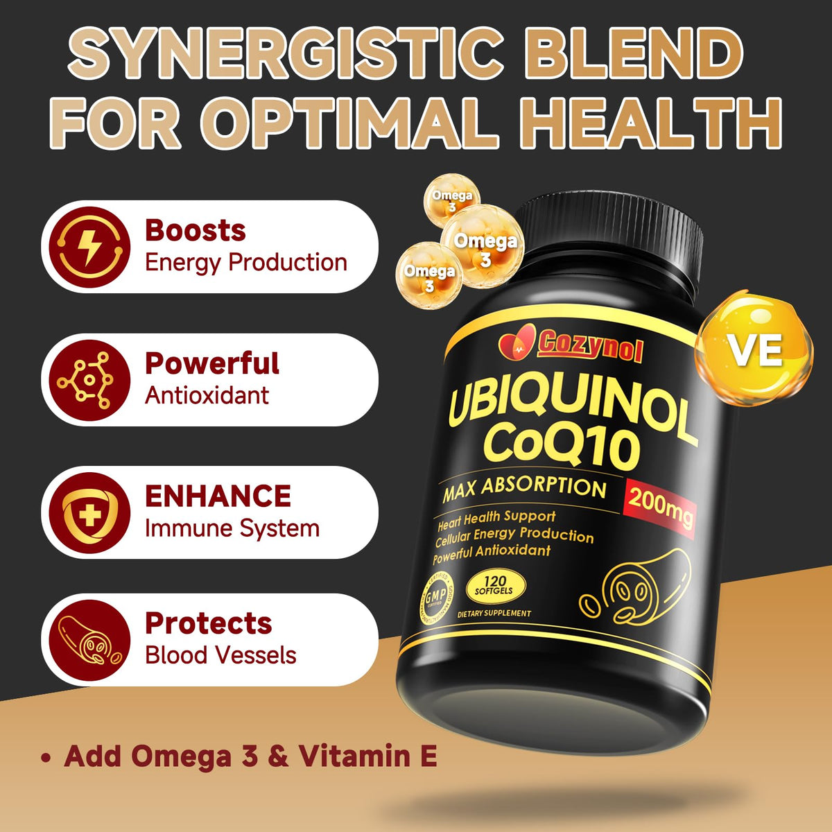 Cozynol Ubiquinol CoQ10 200mg gélules sur fond blanc