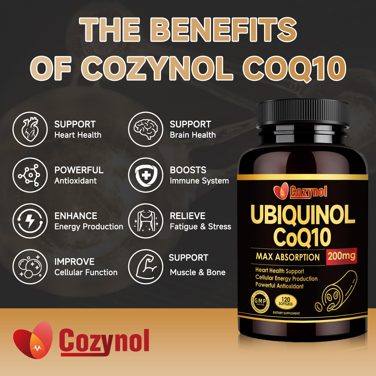 Cozynol Ubiquinol CoQ10 200mg gélules sur table avec fruits