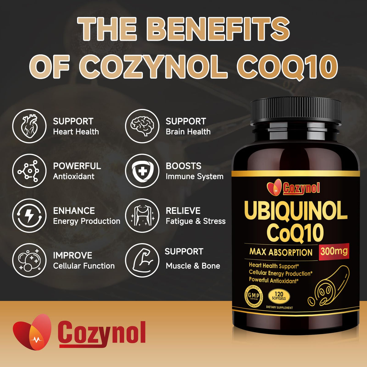 Cozynol Ubiquinol CoQ10 300mg softgels with ingredients list