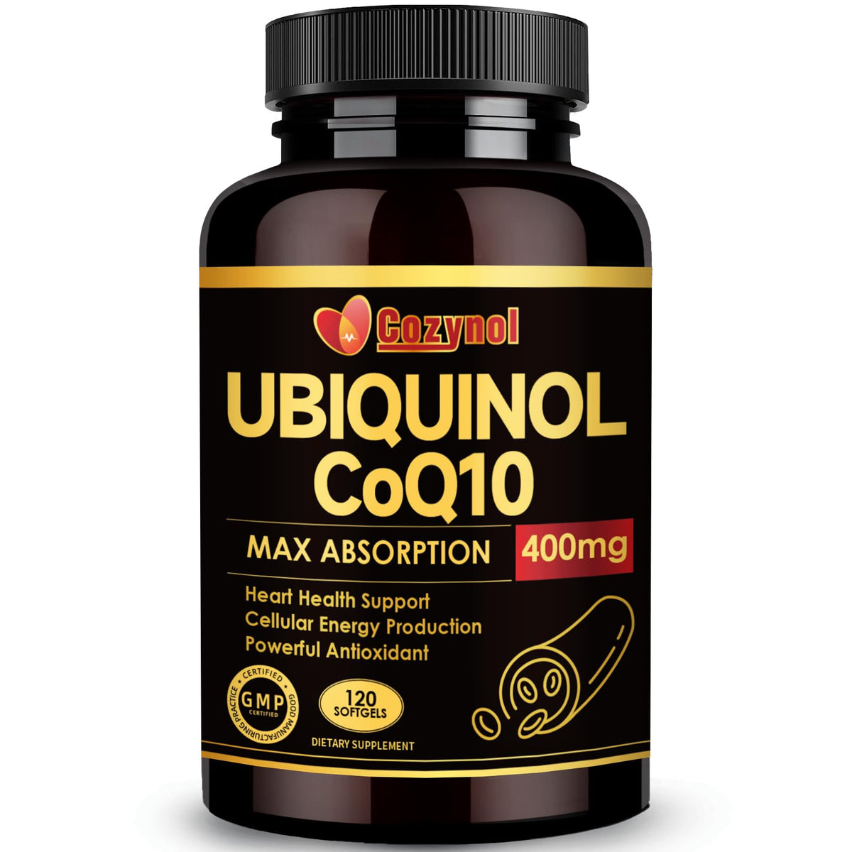 Cozynol Ubiquinol CoQ10 400mg Softgels vue avant avec emballage