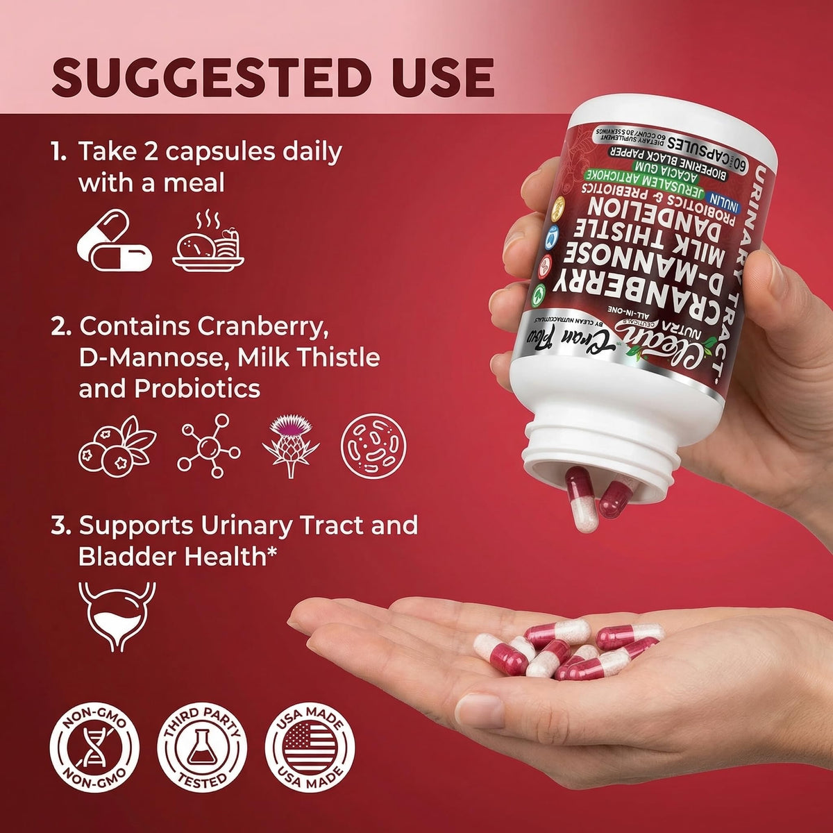 Cran Flow de Clean Nutraceuticals, capsules dans une main