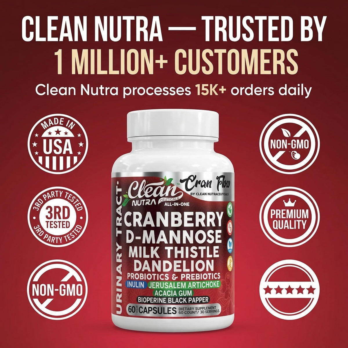 Cran Flow de Clean Nutraceuticals, flacon ouvert avec capsules