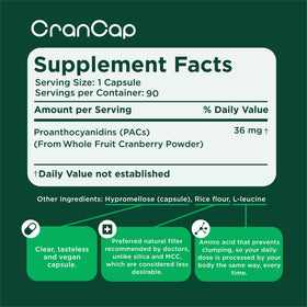 CranCap Complément Alimentaire Cranberry 36mg PACs - capsules sur fond blanc