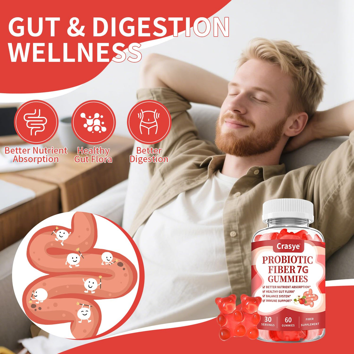 Crasye Gummies de Fibres Prébiotiques 222g, avec des fruits en arrière-plan