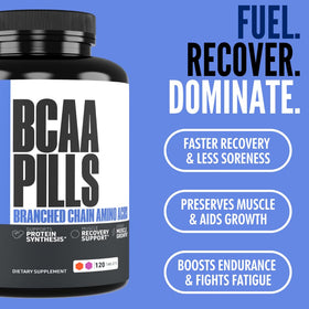 Crazy Muscle BCAA Pilules 120 comprimés avec main tenant la bouteille