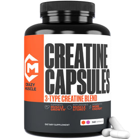 Crazy Muscle Capsules de Créatine Monohydrate 360 Ct devant un fond neutre