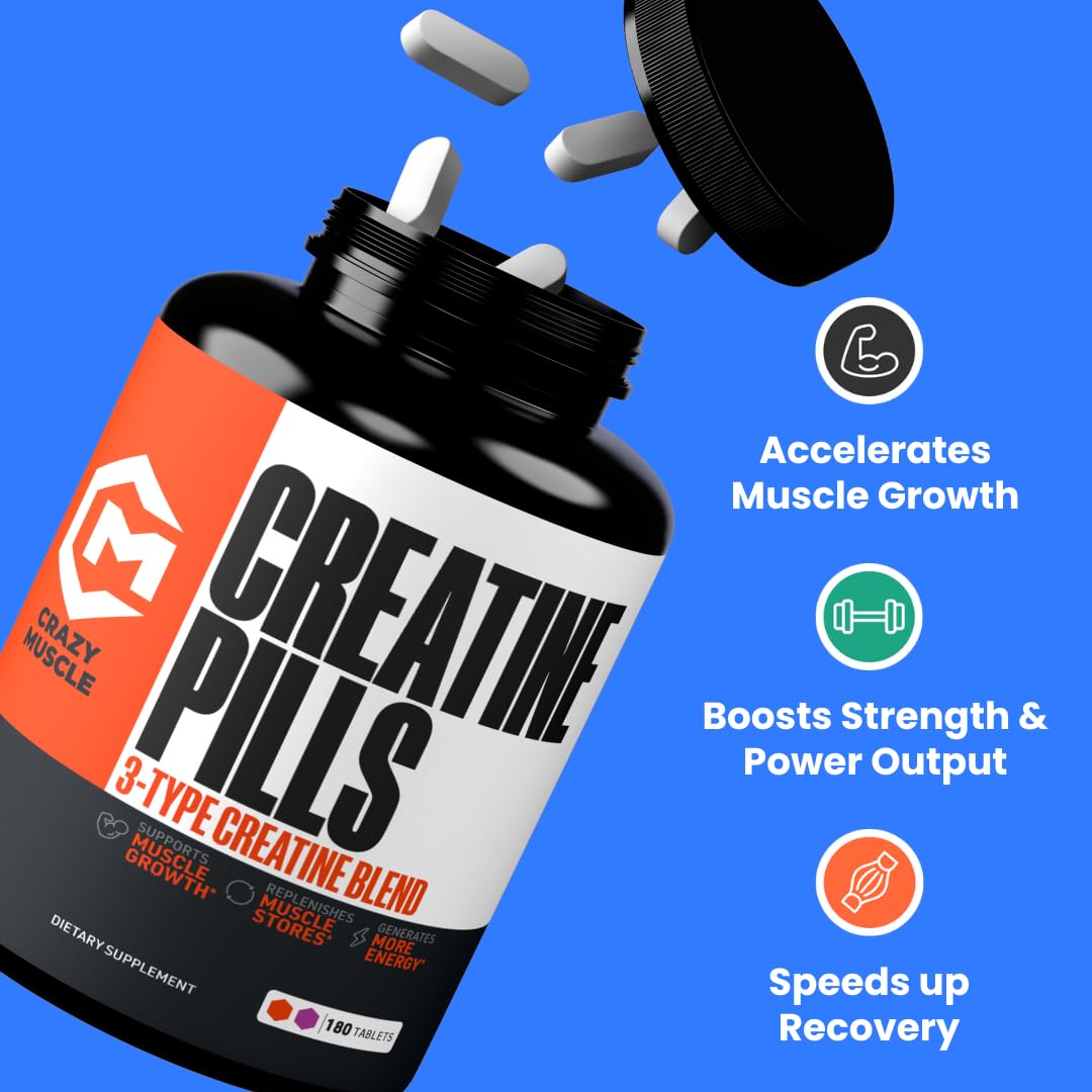 Crazy Muscle Three-atine Pilules de Créatine Monohydrate 180 Ct emballage