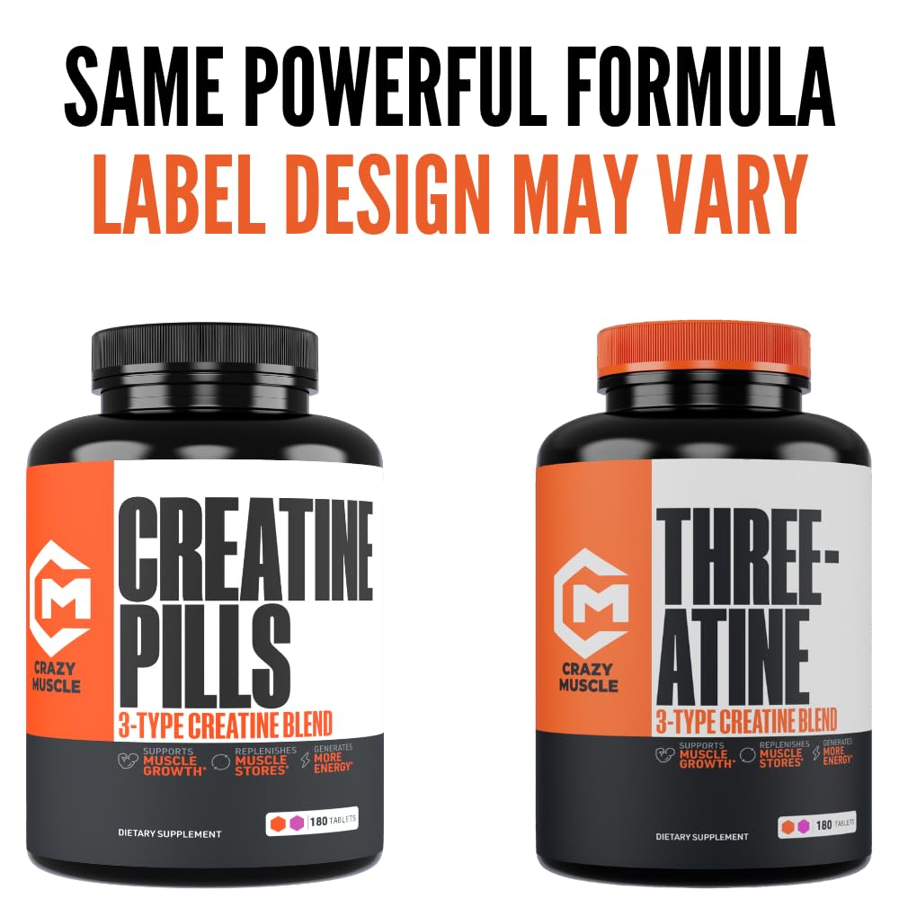 Crazy Muscle Three-atine Pilules de Créatine Monohydrate 180 Ct près d'un shaker