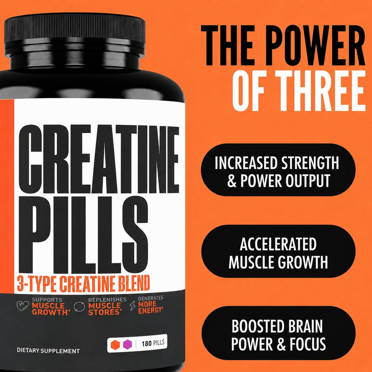 Crazy Muscle Three-atine Pilules de Créatine Monohydrate 180 Ct vue de dos