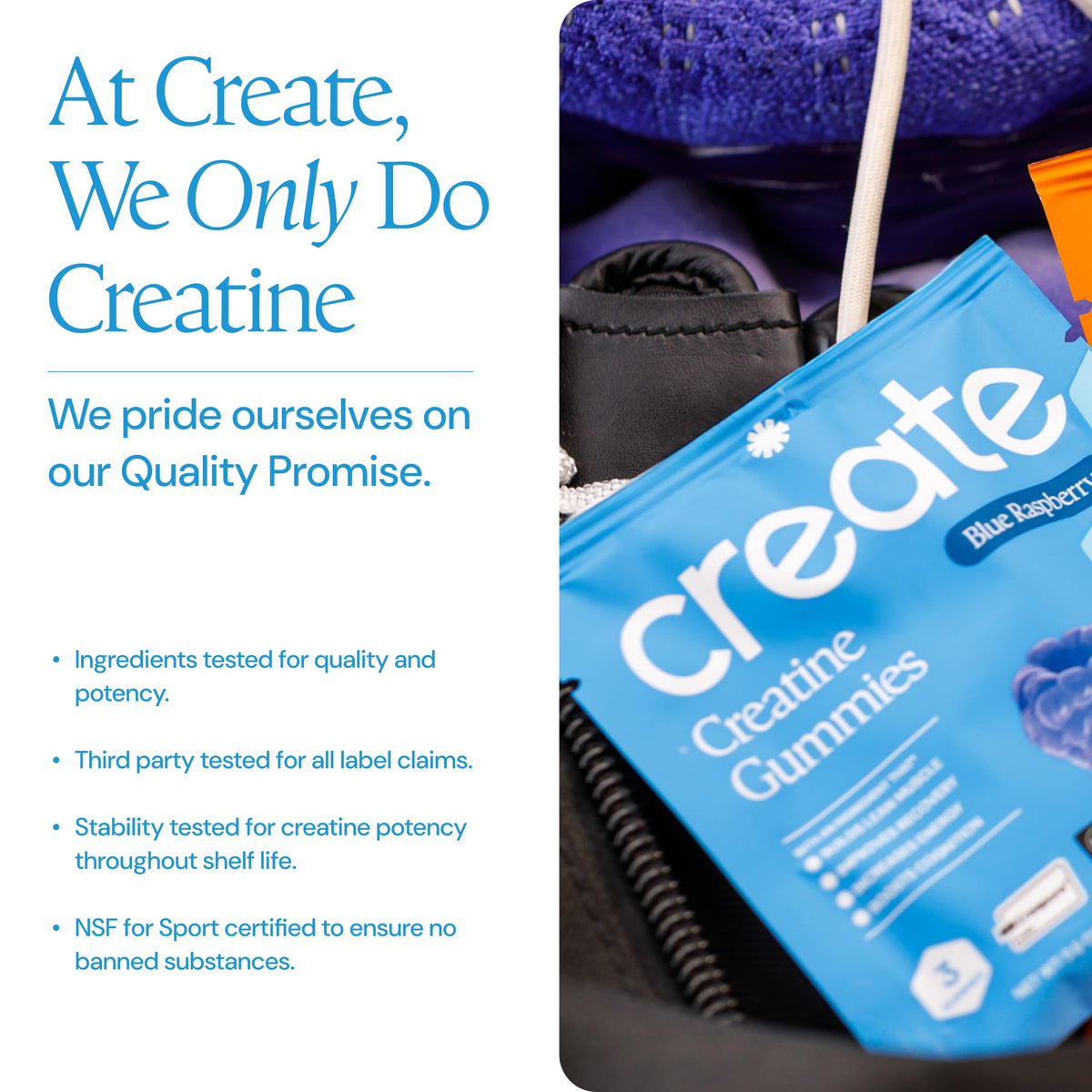 Create Gummies de Créatine sur une table avec des accessoires de fitness