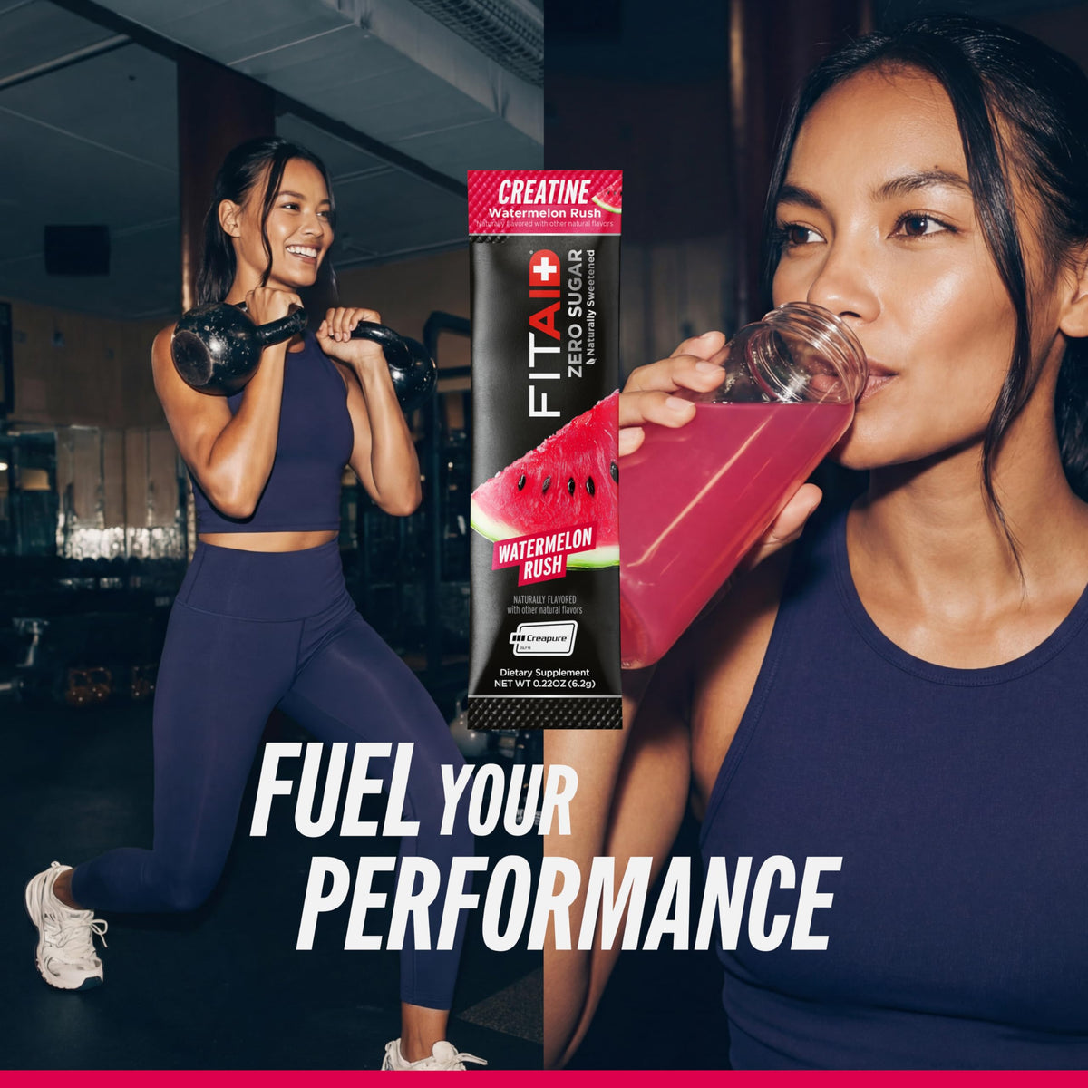 Créatine LIFEAID en sachets sur un fond de gym