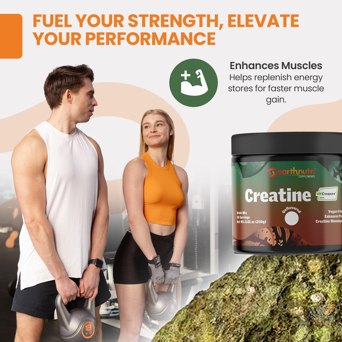 Créatine monohydrate EarthNutri sur une table avec des équipements de fitness