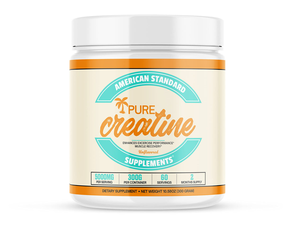 Créatine monohydrate micronisée American Standard 300g devant fond blanc