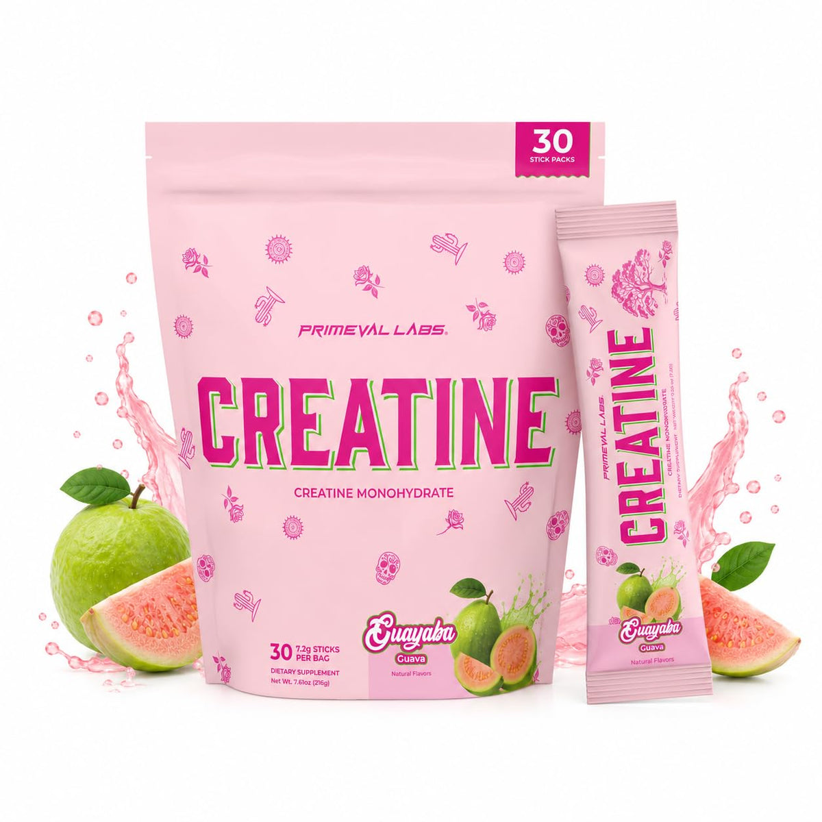 Créatine Monohydrate Primeval Labs saveur guayaba, vue de face